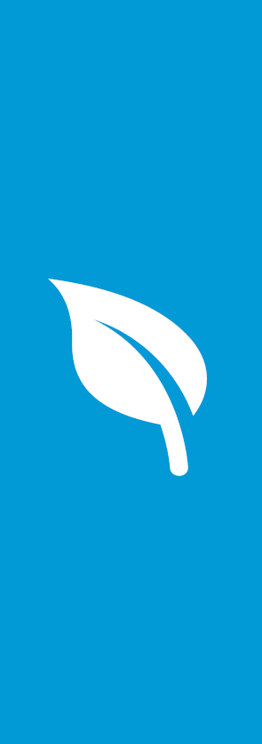 A white leaf icon on a light blue background