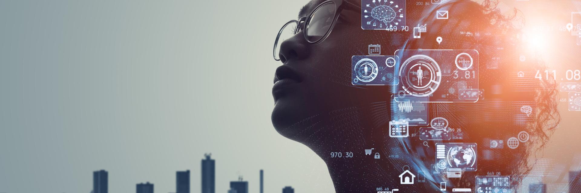 A woman looking to the left in front of a city skyline. A technological overlay covers parts of her face, along with a solar flare.