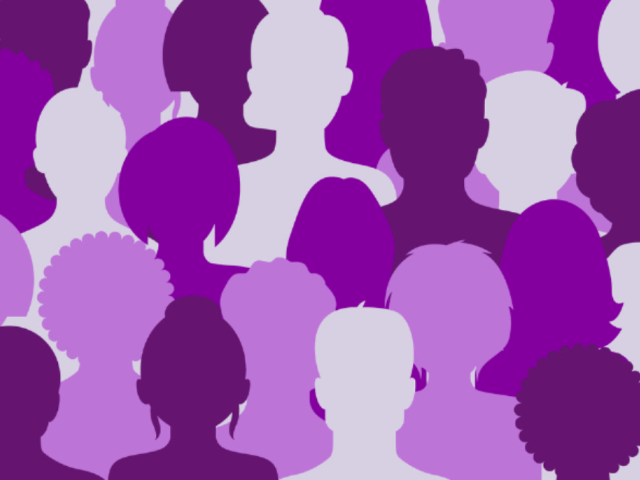 Silhouettes of many heads with purple overlay 