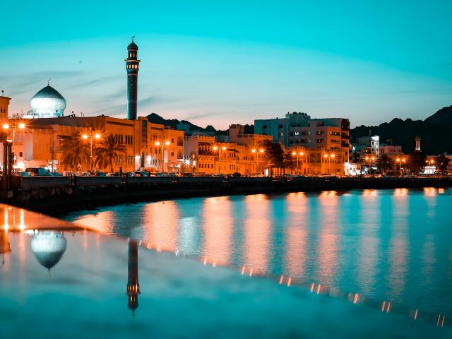 The waterfront of Muscat, Oman at dusk