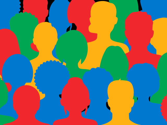 Illustration of diffently colored heads, all colors of the Olympic rings