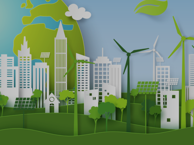 Cityscape drawing with wind turbines and a globe