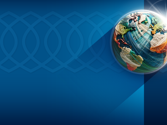 Globe made of colorful threads on a two-tone blue background