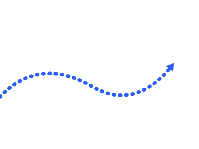A meandering dotted blue line ending in an arrow