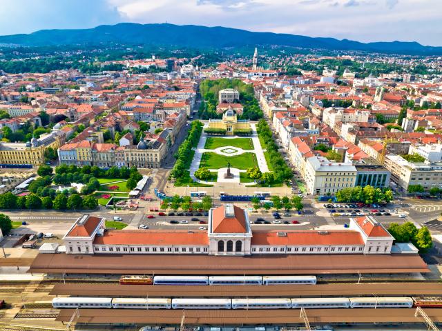 Park and train station in Zagreb, Croatia from above