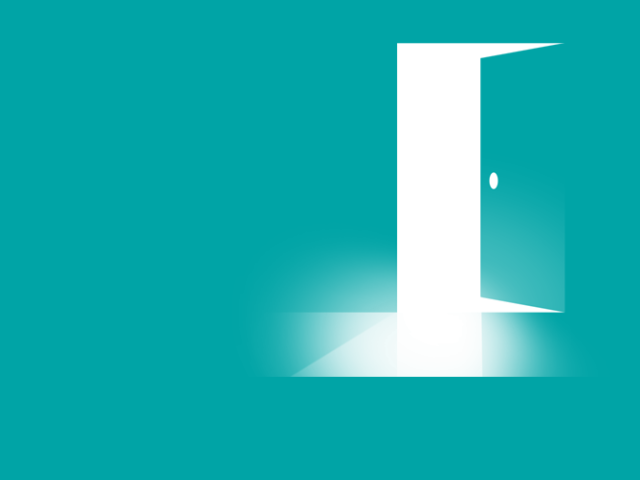 Graphic of a door opening on a teal background