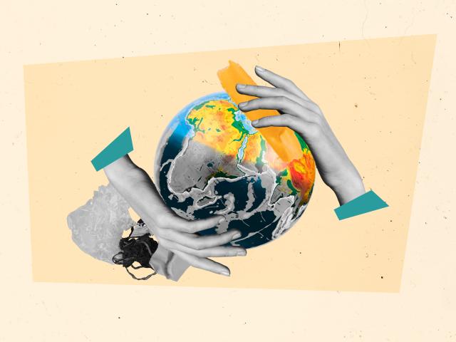 A collage-style image with two hands holding the world