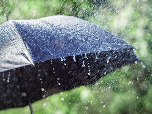 Rain falling on a black umbrella