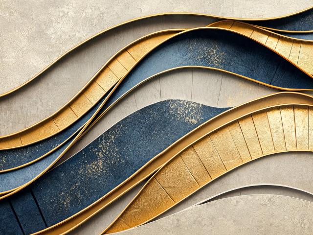Abstract art in blues, golds, beige