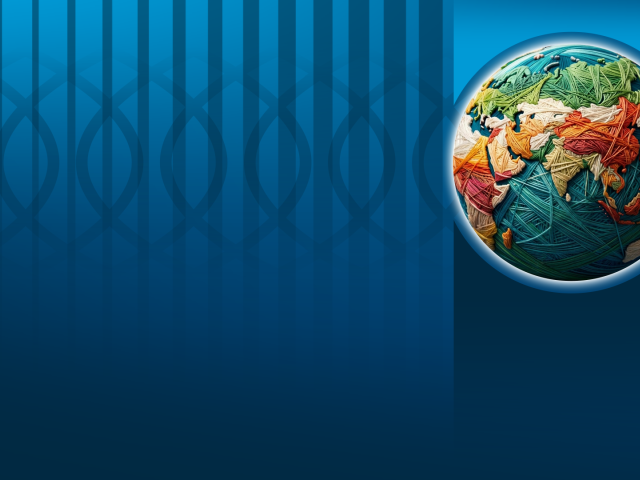 Graphic of a globe made of thread over a blue background