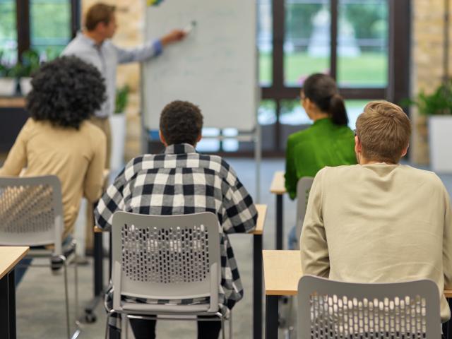 Professor pointing and explaining to students sitting in front of him people sitting in front of him