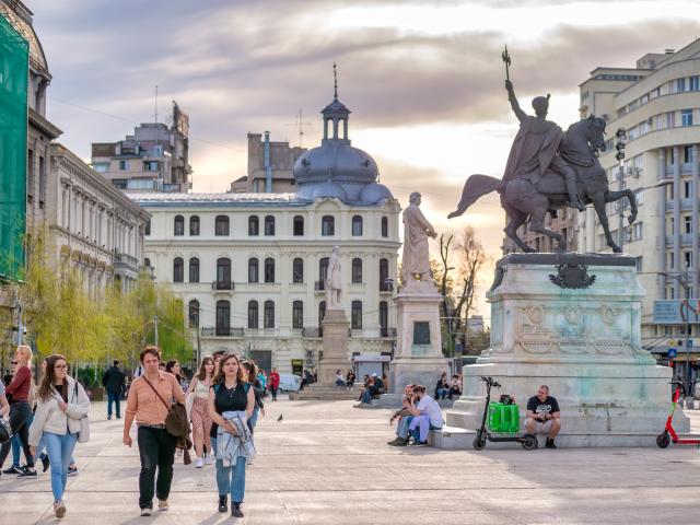 Student outside of the University in Bucharest, Romania