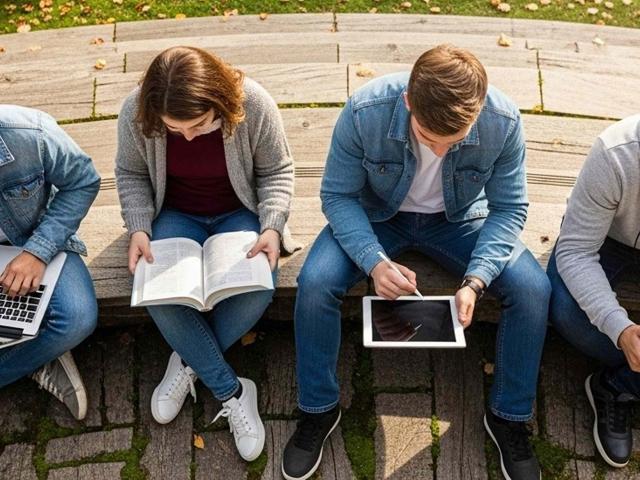 Aerial view of four university students sitting outside