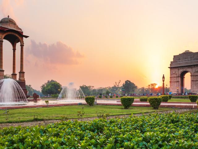 The Canopy and the India Gate at sunset in New Delhi, view from the National War Memorial.