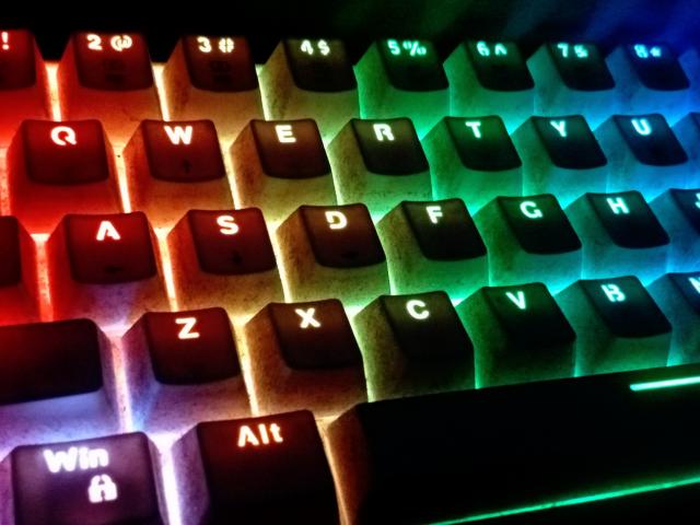 A keyboard backlit with a rainbow spectrum of LEDs.