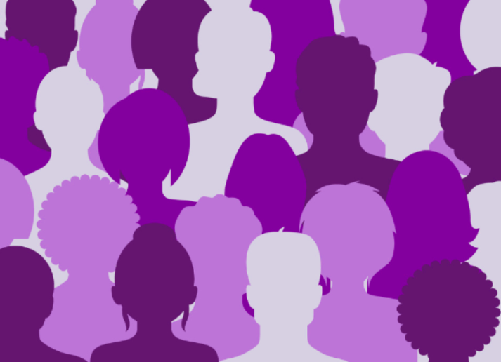 Silhouettes of many heads with purple overlay 