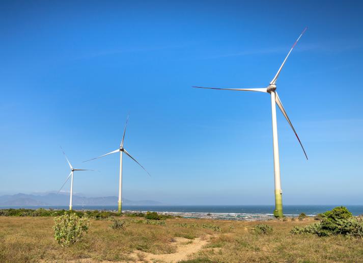 Windmills by oceans shore