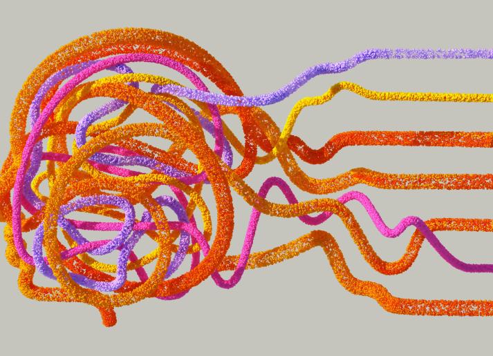 Artifically generated image of a human head made of bright strings