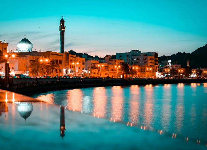 The waterfront of Muscat, Oman at dusk