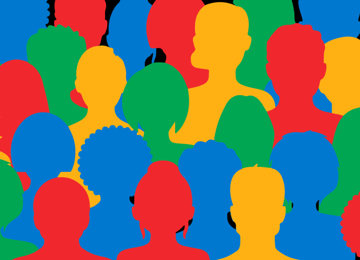 Illustration of diffently colored heads, all colors of the Olympic rings
