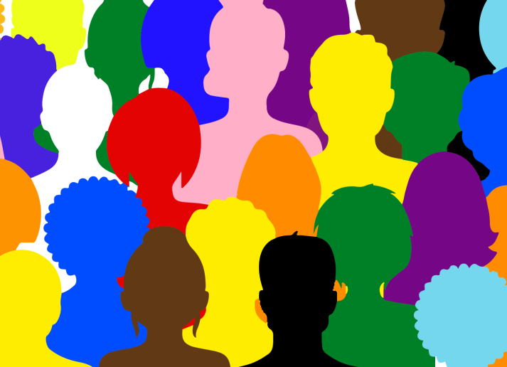 Illlustrated heads in the colors of the Pride flag