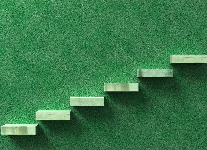 Six green stairs on a wall of moss