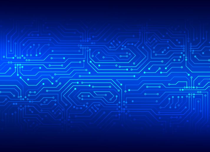 Circuitry etched onto a blue background