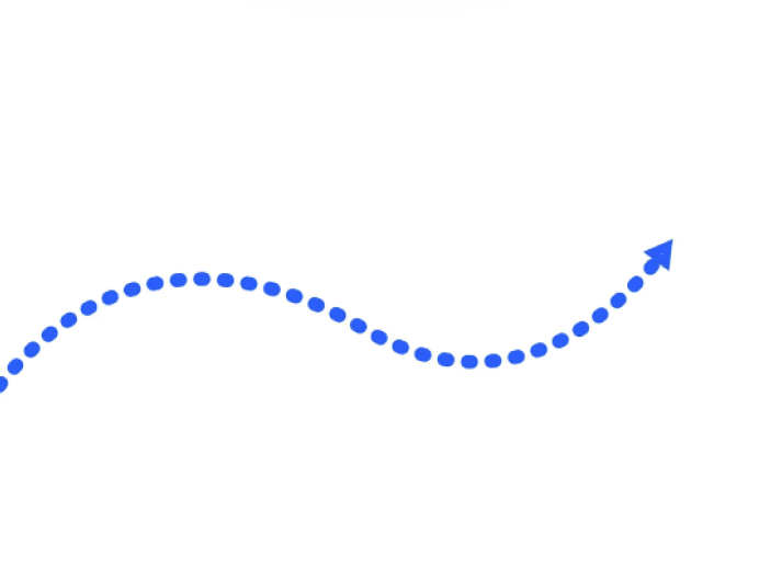 A meandering dotted blue line ending in an arrow
