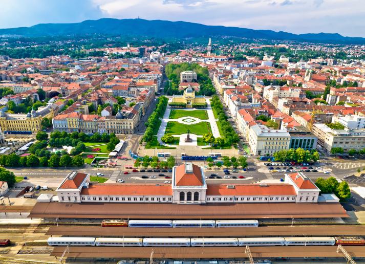 Park and train station in Zagreb, Croatia from above