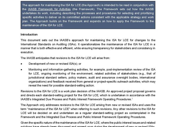 Front page of IAASB's Approach to Maintaining the ISA for LCE