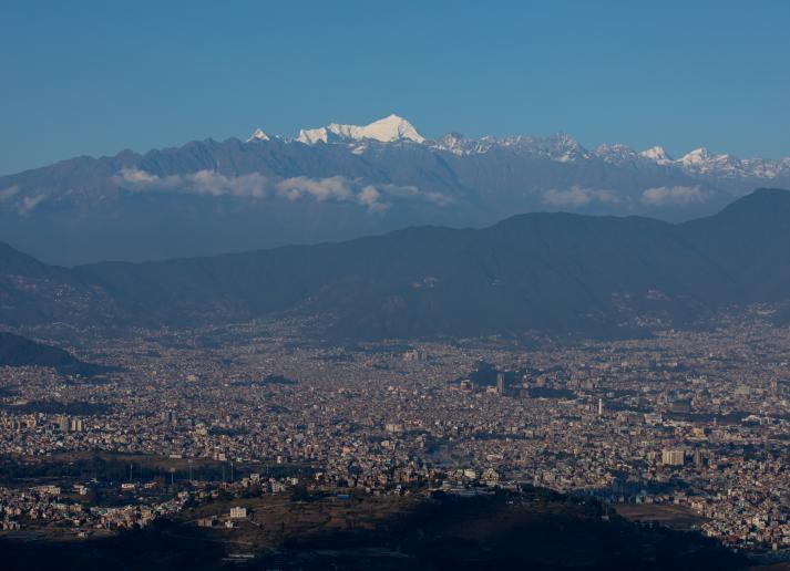 A view of Kathmandu, Nepal with the Himalayas in the background