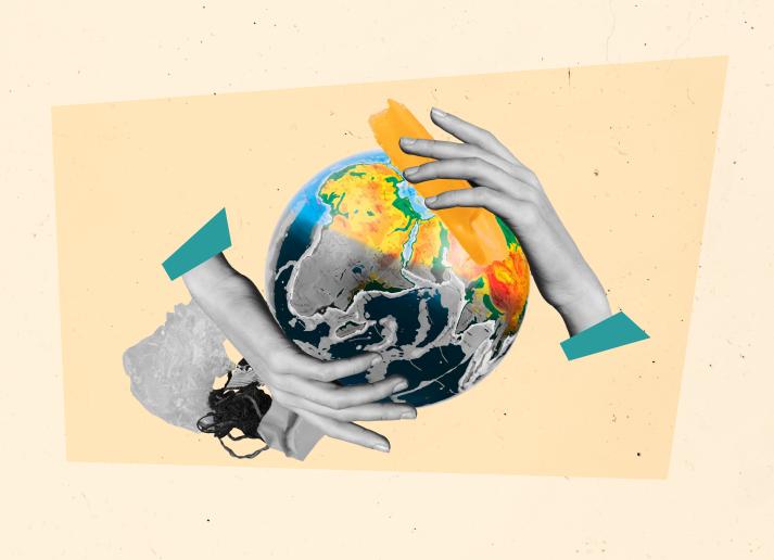 A collage-style image with two hands holding the world