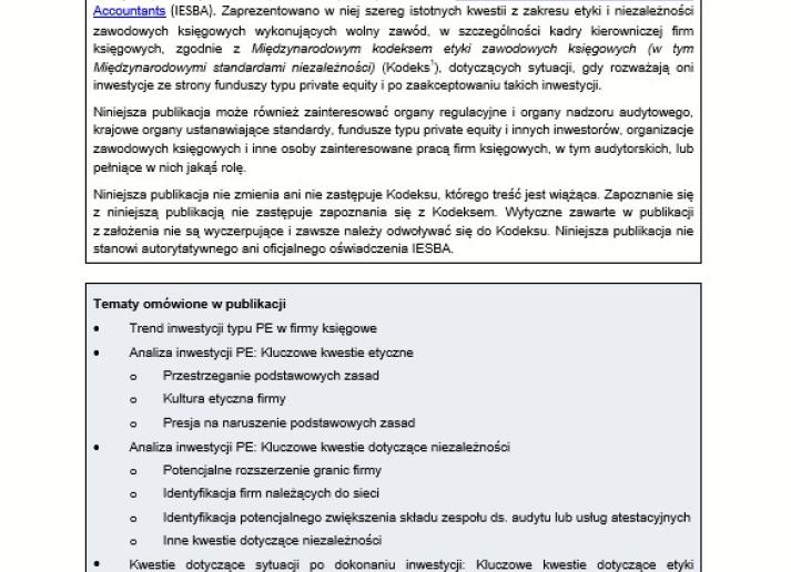 ALERT PRACOWNIKÓW IESBA - INWESTYCJE PRIVATE EQUITY W FIRMY KSIĘGOWE