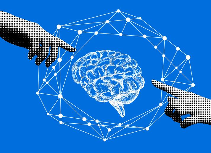 Two human hands touching an illustration of a brain 