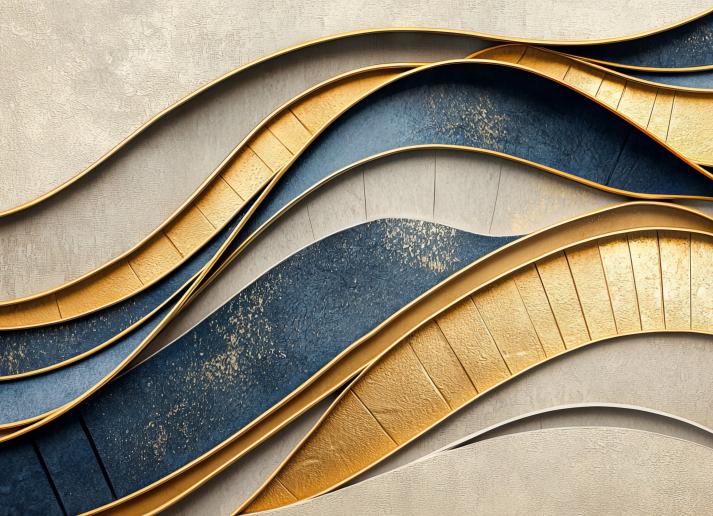 Abstract art in blues, golds, beige