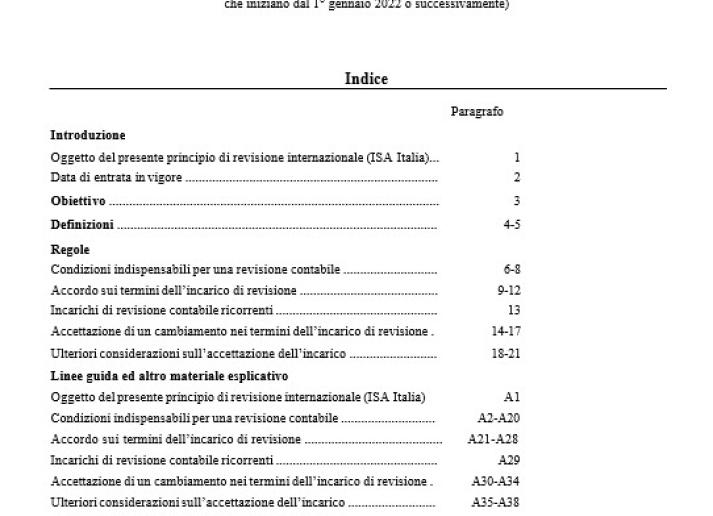 PRINCIPIO DI REVIS IONE INTERNAZIONALE (ISA Italia) 210 ACCORDI RELATIVI AI TERMINI DEGLI INCARICHI DI REVISIONE