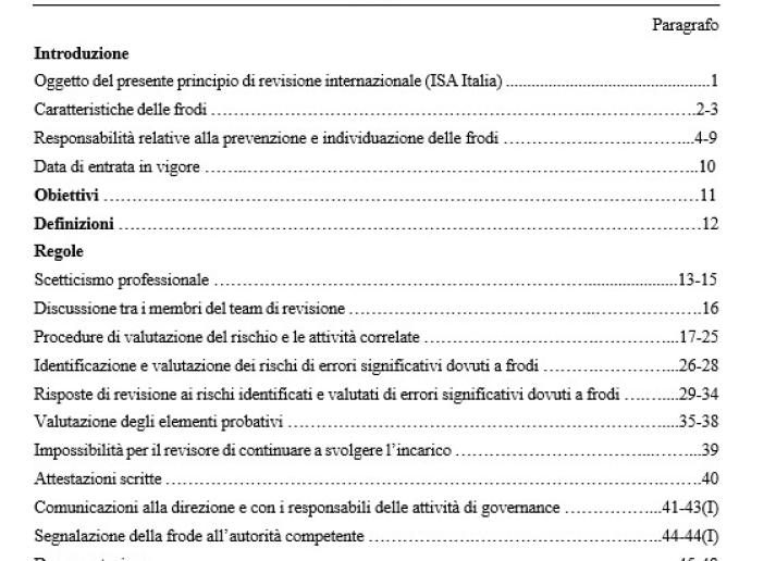 PRINCIPIO DI REVISIONE INTERNAZIONALE (ISA ITALIA) 240 LE RESPONSABILITÀ DEL REVISORE RELATIVAMENTE ALLE FRODI NELLA REVISIONE CONTABILE DEL BILANCIO