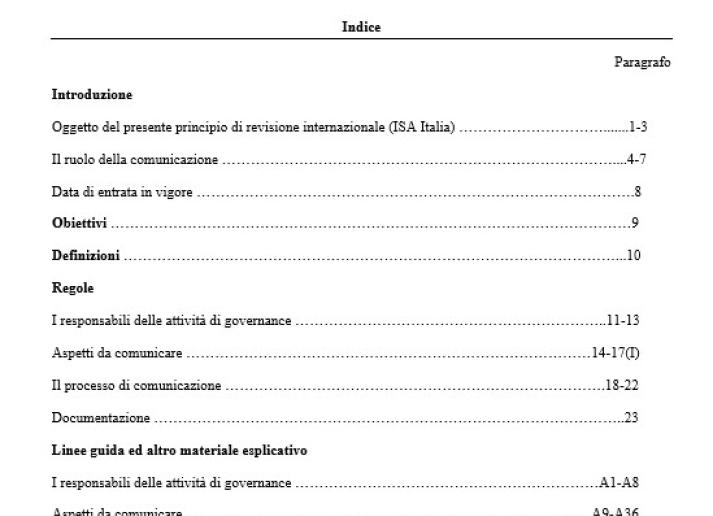 PRINCIPIO DI REVISIONE INTERNAZIONALE (ISA Italia) N. 260 - COMUNICAZIONE CON I RESPONSABILI DELLE ATTIVITA’ DI GOVERNANCE