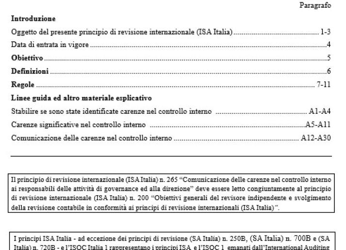 PRINCIPIO DI REVISIONE INTERNAZIONALE (ISA Italia) 265 COMUNICAZIONE DELLE CARENZE NEL CONTROLLO INTERNO AI RESPONSABILI DELLE ATTIVITÀ DI GOVERNANCE ED ALLA DIREZIONE