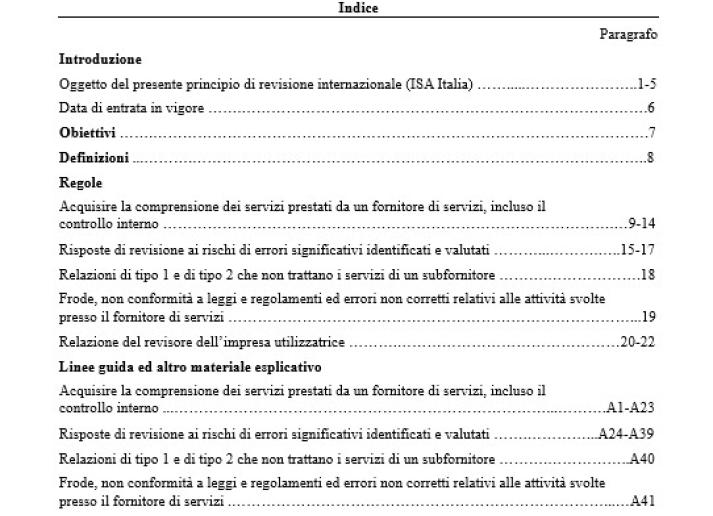 PRINCIPIO DI REVISIONE INTERNAZIONALE (ISA Italia) 402 CONSIDERAZIONI SULLA REVISIONE CONTABILE DI UN’IMPRESA CHE ESTERNALIZZA ATTIVITÀ AVVALENDOSI DI FORNITORI DI SERVIZI