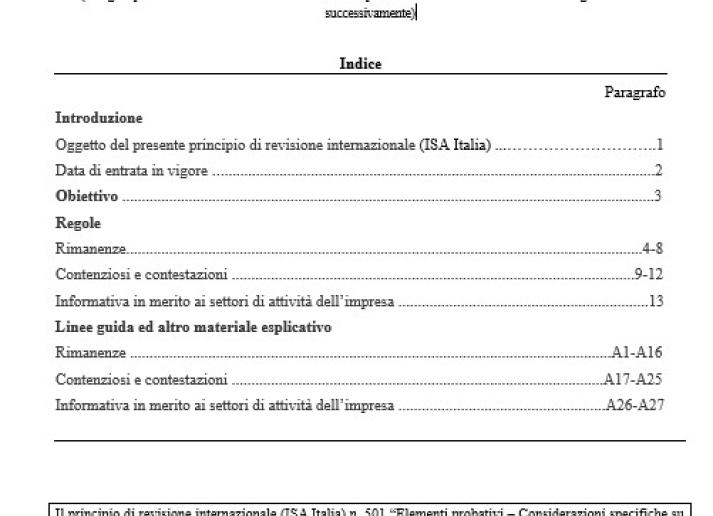 PRINCIPIO DI REVISIONE INTERNAZIONALE (ISA Italia) 501 ELEMENTI PROBATIVI – CONSIDERAZIONI SPECIFICHE SU DETERMINATE VOCI