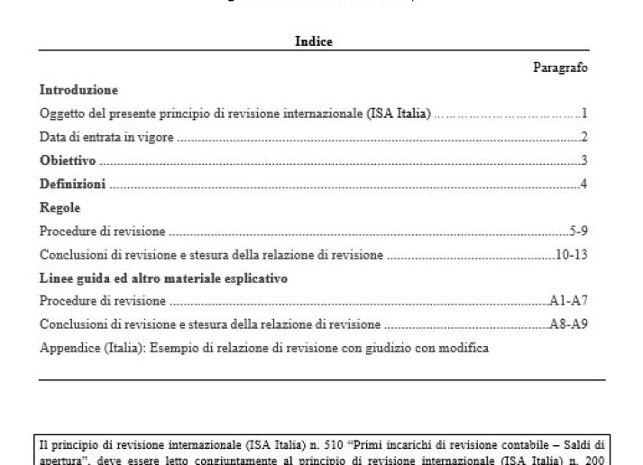 PRINCIPIO DI REVISIONE INTERNAZIONALE (ISA Italia) 510 PRIMI INCARICHI DI REVISIONE CONTABILE – SALDI DI APERTURA