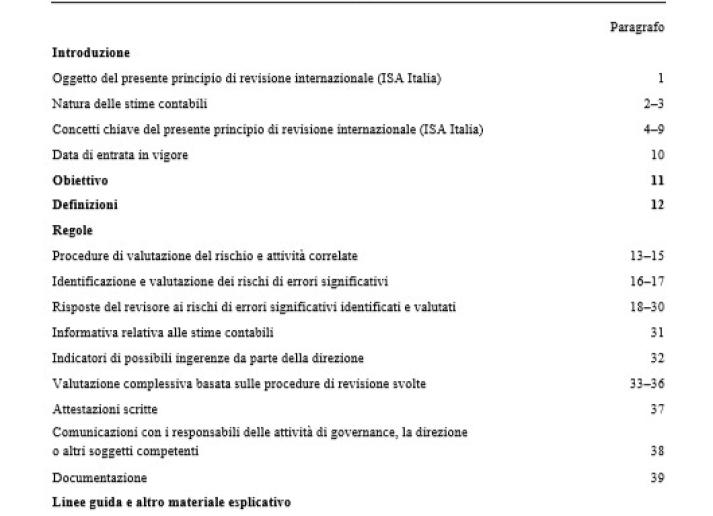 PRINCIPIO DI REVISIONE INTERNAZIONALE  (ISA Italia) 540  REVISIONE DELLE STIME CONTABILI E DELLA RELATIVA INFORMATIVA
