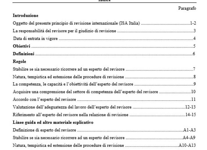 PRINCIPIO DI REVISIONE INTERNAZIONALE (ISA Italia) 620 UTILIZZO DEL LAVORO DELL’ESPERTO DEL REVISORE