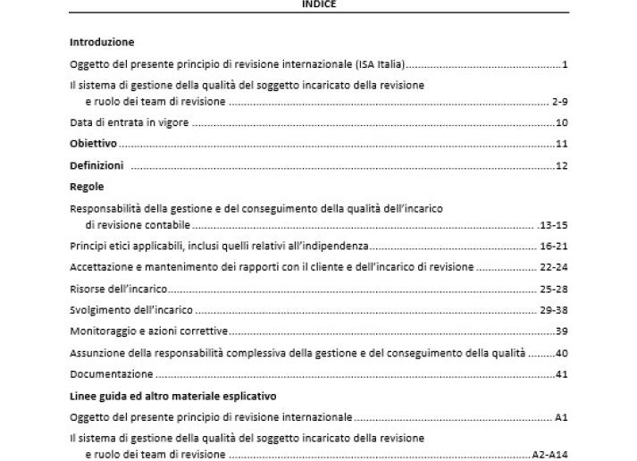 PRINCIPIO DI REVISIONE INTERNAZIONALE (ISA Italia) 220 GESTIONE DELLA QUALITÀ DELL’INCARICO DI REVISIONE CONTABILE DEL BILANCIO