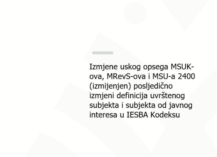 Izmjene uskog opsega MSUK-ova, MRevS-ova i MSU-a 2400 (izmijenjen) posljedično izmjeni definicija uvrštenog subjekta i subjekta od javnog interesa u IESBA Kodeksu