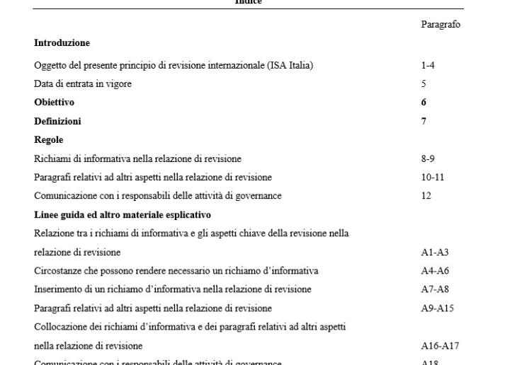 PRINCIPIO DI REVISIONE INTERNAZIONALE (ISA ITALIA) N. 706 RICHIAMI D’INFORMATIVA E PARAGRAFI RELATIVI AD ALTRI ASPETTI NELLA RELAZIONE DEL REVISORE INDIPENDENTE