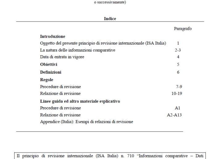 PRINCIPIO DI REVISIONE INTERNAZIONALE (ISA Italia) 710 INFORMAZIONI COMPARATIVE – DATI CORRISPONDENTI E BILANCIO COMPARATIVO