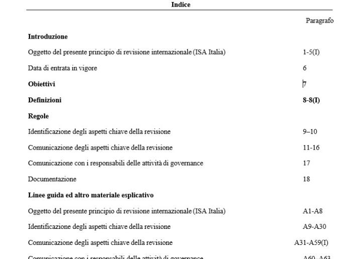 PRINCIPIO DI REVISIONE INTERNAZIONALE (ISA ITALIA) N. 701 COMUNICAZIONE DEGLI ASPETTI CHIAVE DELLA REVISIONE CONTABILE NELLA RELAZIONE DEL REVISORE INDIPENDENTE