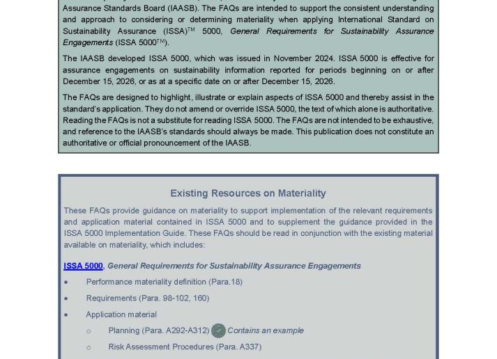 Cover page for IAASB's ISSA 5000 FAQ on Materiality